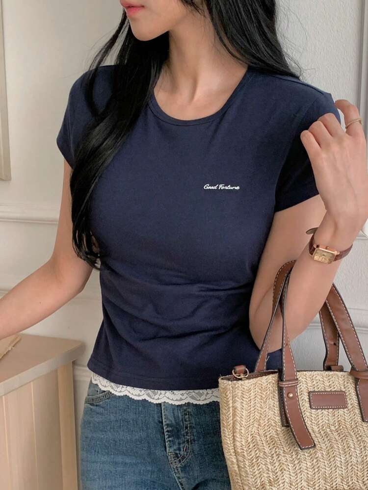 Women's Round Neck Letter Print Short Sleeve Casual Pullover T-Shirt Summer