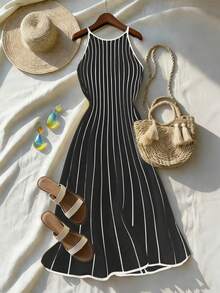 Franclia New Vintage Striped Patchwork Contrast Color Round Neck Sleeveless Knitted Dress For Women - Black - View 3