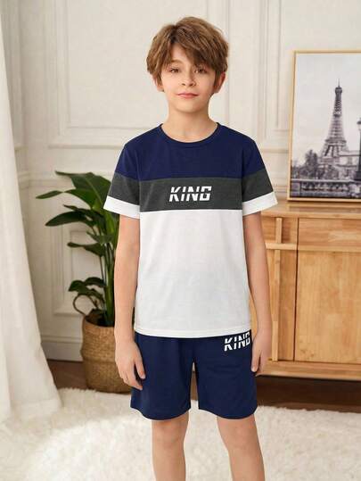 SHEIN 两件套青少年男童夏季宽松休闲拼接字母印花T恤和短裤针织家居服套装