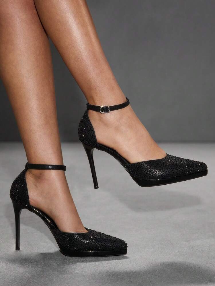 CUCCOO SZL Women Shoes Women's Pointed Thin High Heel Height Water Platform Black Rhinestone Women's High Heel Shoes Ankle Strap Hollow Shoes Wedding Party Banquet Nightclub Stylish Gorgeous Simple High Heel Women's Shoes Spring Shoes