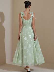 Aveloria Rosie French Design Luxury Elegant Burn-Out Camisole Tie-Up Waist Flared Sleeveless Dress - Green - View 2