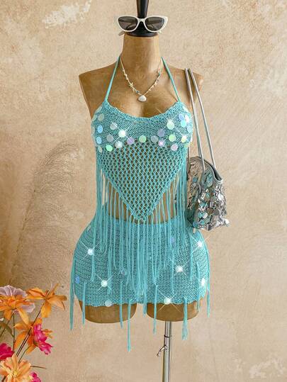 Soleia Women's Vacation Solid Color Sequin Fringe Hem Halter Knit Top And Knitted Mini Skirt Set,Beach Outfits For Women,Blue Top,Sequin Skirt,Fringe Blouse For Women ,Elegant Dresses For Party, Spring Clothes Women ,Summer Outfits For Women