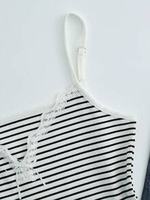 INAWLY Black & White Striped Lace Patchwork V-Neck Sleeveless Camisole, Slimming - Black and White - View 6