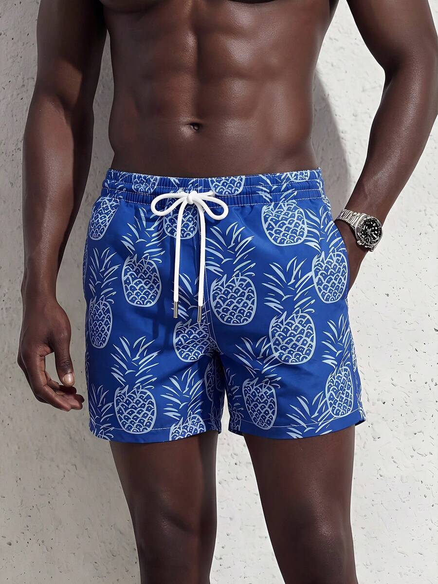 Manfinity Swimmode Men's Pineapple Print Drawstring Waist Pocket Beach Shorts - Blue - View 1