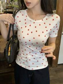 DAZY Women's Casual Heart Print Short Sleeve T-Shirt, Summer - White - View 5