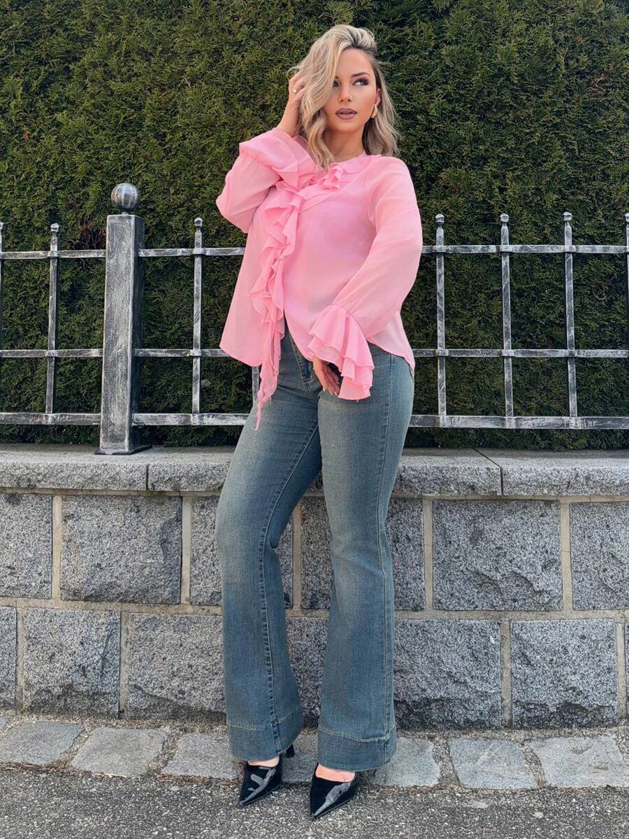 Jeta Ari 女士喇叭牛仔裤复古风格商务休闲女士工作服 - 中等水洗藍 - 查看 1