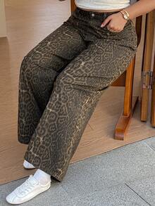 Dazy Plus Plus Size Women Leopard Print Pocket Button Washed Casual Versatile Wide Leg Jeans - Khaki - View 6