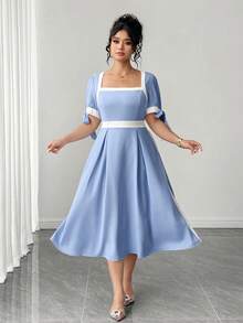 Elenzga Vestido de línea A de manga corta con bloqueo de color y lazo en la cintura para mujer de talla grande - Azul - Ver 4
