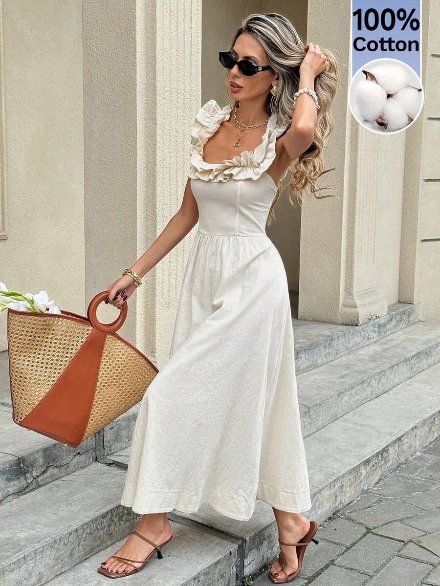 Serisse 女士度假纯色方领荷叶边露背系带中长连衣裙 - 杏色 - 查看 1