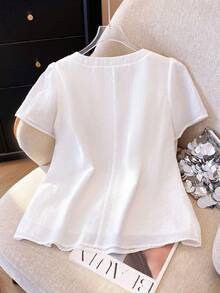 SHEIN PETITE Women's Elegant Minimalist Solid Color Pleated Collar Colorful Button Decor Round Neck Short Sleeve Blouse - White - View 2