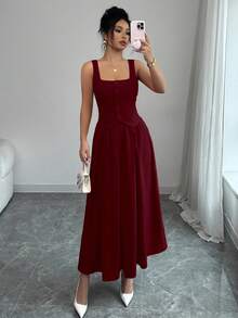 Rafferiza Women's Sleeveless Square Neck Single-Breasted Pleated Hem Vest And Skirt 2 Pieces Set, Fashionable And Versatile For Daily Wear - Burgundy - View 3