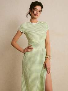 Poéselle Women's Plaid Round Neck Short Sleeve Side Slit Hem Dress,Green And White Summer Elegant Chinese Style Country Casual Brunch Wedding Guest Outfits - Green - View 3