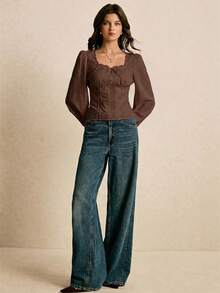 Poéselle Women's Solid Color Square Collar Lantern Sleeve Fitted Lace Patchwork Blouse - Coffee Brown - View 7