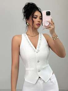 Modelyn Women's French Beaded V-Neck Vest, Stylish And Versatile For Daily, Commute, Date, And Vacation Wear - White - View 6