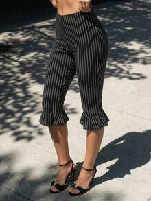 SHEIN ICON Y2k Women's Black Striped Low Waist Ruffle Hem Skinny Capri Pants,Summer - Black - View 1