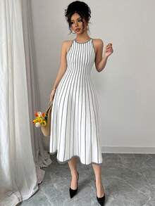 Franclia New Vintage Striped Patchwork Contrast Color Round Neck Sleeveless Knit Dress For Women - Light Grey - View 4