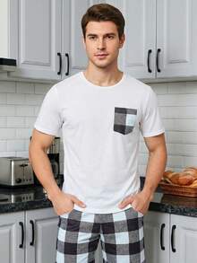 Conjunto De Ropa De Hogar Para Hombre Con Parte Superior De Manga Corta A Cuadros Y Pantalones Cortos - Blanco - Ver 5