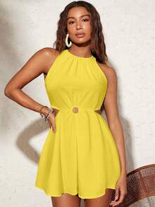 Travachic Women's Solid Color Sleeveless Cutout Waist Jumpsuit, Suitable For Vacation - Light Yellow - View 2