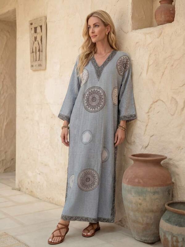 EMERY ROSE Women's Floral Print V-Neck Loose Casual Dress, Suitable For Vacation