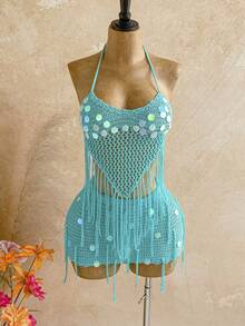 Soleia Women's Teal Sequin Summer Boho Beach Vacation Holiday Sequin Fringe Hem Halter Knit Top And Knitted Mini Skirt Set,Elegant Party Outfits For Women - Mint Green - View 3