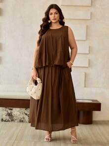 Roveilla Plus Size Women's Spring/Summer French Elegant Luxury Minimalist Design Casual Bohemian Vacation/Work Commute Vintage Style Comfortable Solid Color Semi-Sheer Sleeveless Blouse With Drawstring Waist And Pockets, Long Skirt Women Clothes Women's Dress Brown Dresses Women Casual Dresses Brown Dresses For Women Dress For Women Latest Dress Style For Women - Brown - View 4