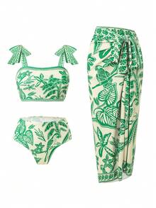 Swim Oasis 3件套女士时尚高端宽肩带系带罩衫泳衣套装，夏季热带风情绿色两件套，适合夏季海滩度假，女士两件套绿色度假套装，女士热带夏季度假套装，女士蜜月套装，女士热带夏威夷套装，女士两件套沙滩套装 - 彩色 - 查看 4