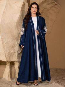 Al Najma Plus Size Casual Solid Color Pearl Applique Long Sleeve Cardigan, Regular Fit For Spring & Autumn - Navy Blue - View 4