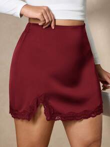 SHEIN PETITE CURVE 大尺碼純色蕾絲拼接優雅休閒裙，夏季 - 酒紅色 - 查看 7