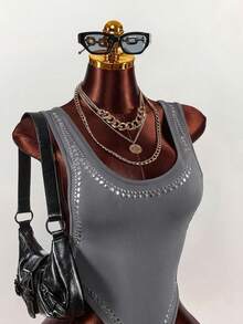 Amplova Body sexy con escote bajo y espalda descubierta con adornos de strass para mujeres - Gris - Ver 6