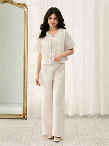 ChillGRL Teen Girl Jacquard Short Sleeve Button-Up Jacket And Pants Set - Apricot - View 1