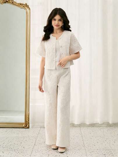 ChillGRL Teen Girl Jacquard Short Sleeve Button-Up Jacket And Pants Set