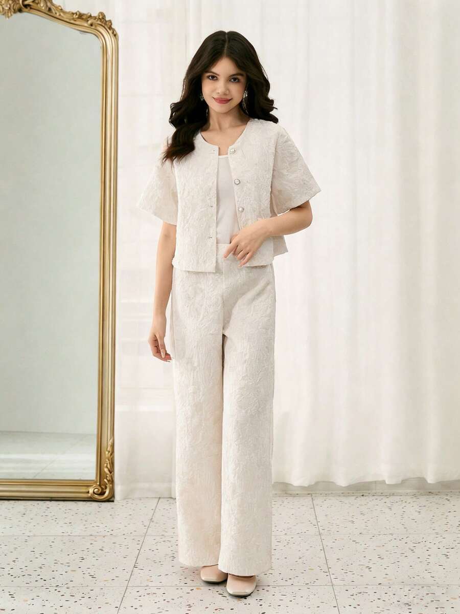 ChillGRL Teen Girl Jacquard Short Sleeve Button-Up Jacket And Pants Set - Apricot - View 1