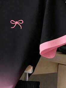 2pcs/Set Tween Girl Spring/Summer Casual Fashion Black & Pink Ombre Bow Print T-Shirt & Shorts Set - Multicolor - View 5