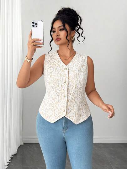 Elenzga Áo vest ren cài cúc đơn thanh lịch dành cho nữ cỡ lớn