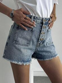 Livesso Quần short denim nữ bằng cotton, viền rách, kiểu dáng thường ngày, thích hợp cho mùa hè. - Rửa nhẹ - Xem 5