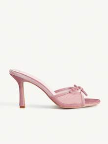 SHEIN X Belle Mariano CUCCOO CHICEST 粉色韩版丝绒网纱拼接蝴蝶结装饰时尚穆勒鞋圆头高跟凉鞋，适合春秋季穿着 - 珊瑚粉 - 查看 4