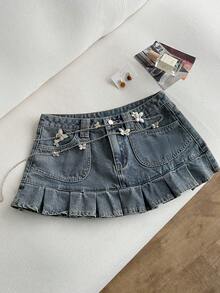 Elamini Women's Pocketed Button Pleated Casual Versatile Date Outing Denim Mini Skirt - Blue - View 4