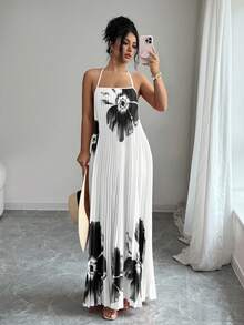 SHEIN Elenzya Women's Loose Fit Pleated Printed Maxi Dress, Elegant Casual Vacation Commute Style, Spring/Summer - White - View 4