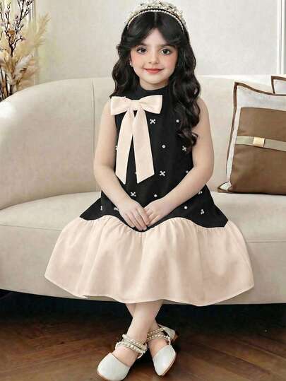 SHEIN 少女优雅立领无袖A字连衣裙