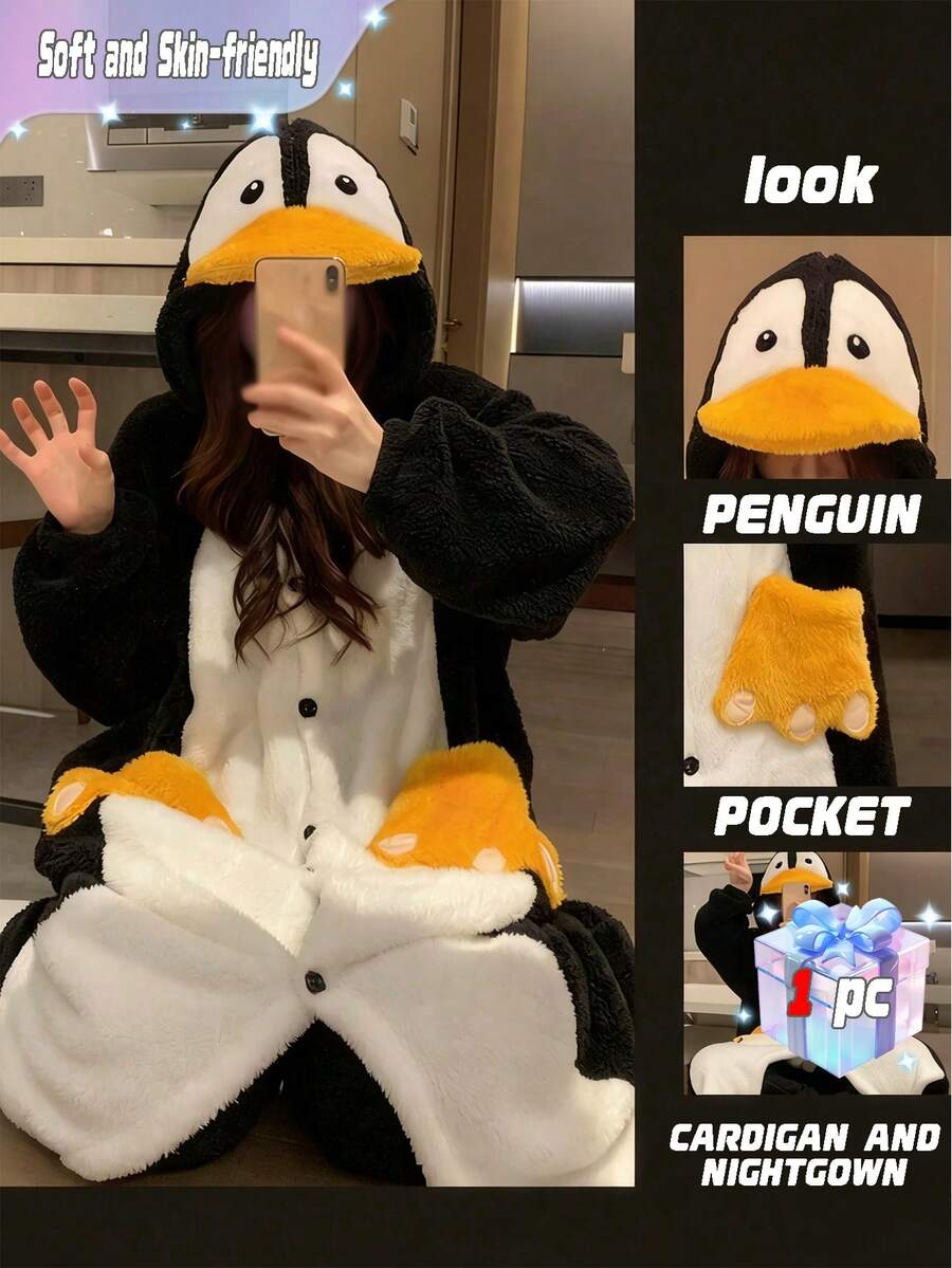 女士冬季企鹅睡衣,舒适保暖的带帽企鹅睡衣,保暖抓绒长袖连帽睡衣,带毛茸茸的爪子口袋,可机洗,宽松版型,适合主题派对和日常穿着,可爱的动物连体衣,柔软保暖内衬,纽扣前襟设计,俏皮的企鹅图案,是温暖秋冬季装饰的完美之选,也是冬季礼物和新年礼物。 - 彩色 - 查看 1