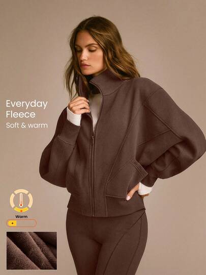 GLOWMODE Everyday Fleece Warmth Whisperer Soft Warm Lightweight Front Back Seam Detailing Pockets Batwing Sleeve High Neckline Full-Zip Jacket Autumn Winter Daily Casual