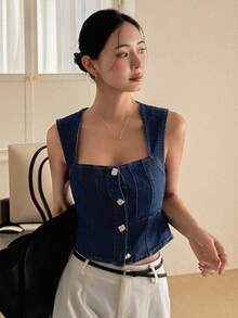 DAZY Women's Sleeveless Cropped Denim Vest, Casual Vacation Style - Dark Wash - View 4