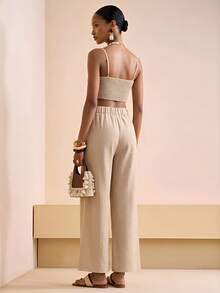 Zivah 2026 Spring/Summer New Music Festival Easter Western Boho Nashville Party Wedding Cocktail Daily Casual Vacation Cruise Beach Elegant Commute Business 2-Piece Set, Spaghetti Strap Ruched Front Backless Top + Wide Leg Pants, Bamboo Fiber Khaki Suit, Women's Outfit - Khaki - View 5