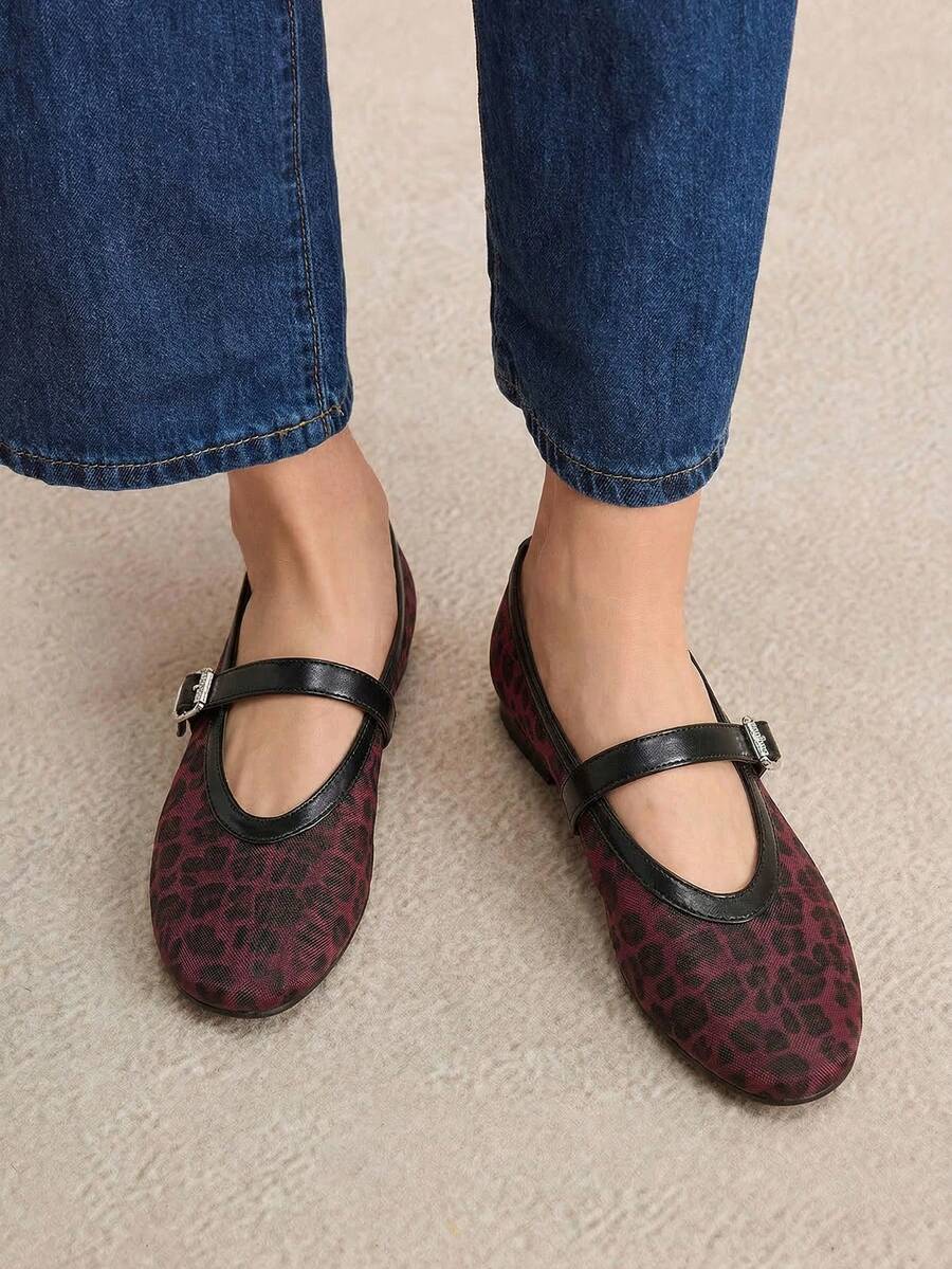 Rosivie Women's Casual Leopard Print Buckle Design Flat Loafers, Versatile For Daily Wear - Burgundy - View 1