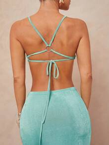 Lumalex Metal Hoop Decor Halter Backless Low Waist Hollow Out Mermaid Maxi Skirt 2 Pieces Set For Women - Mint Blue - View 7