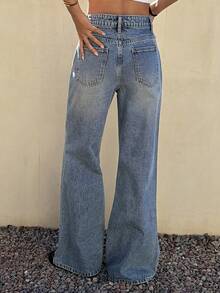 DAZY Women's High Waist Pockets Wide Leg Loose Casual Versatile Jeans - Blue - View 3