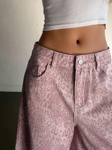 DAZY Quần short denim nữ dáng rộng, ống rộng, in họa tiết da báo, có túi, kiểu dáng thường ngày. - Hồng - Xem 5