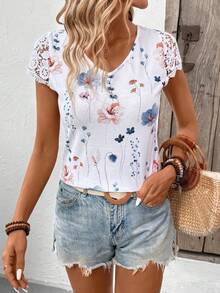 SHEIN Tall Women's Summer Vacation Floral Print Short Sleeve T-Shirt With Ruffle Trim - White - View 3
