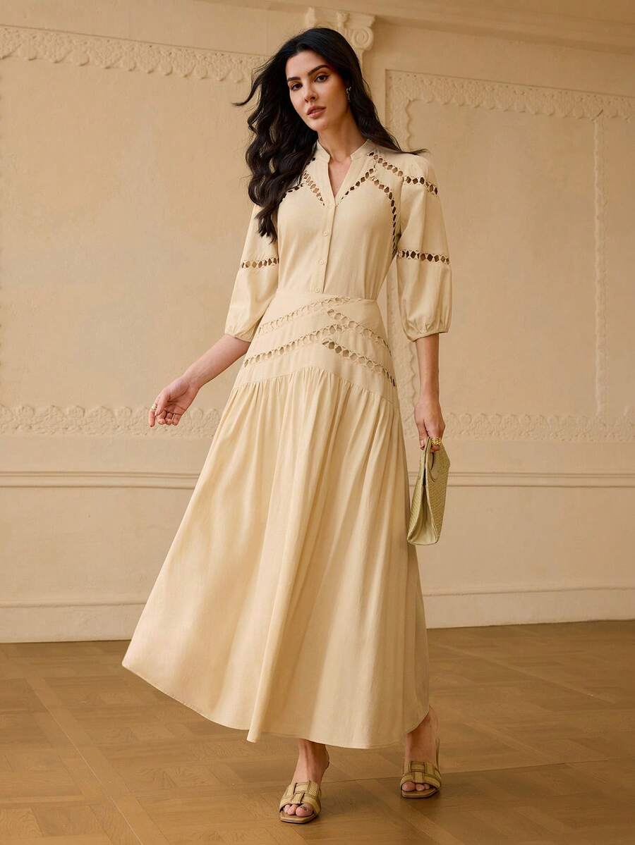 ZEYLAH 2pcs Linen Lace Patchwork Shirt And Mini Skirt Set, Spring/Summer - Apricot - View 1