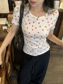 DAZY Women's Casual Heart Print Short Sleeve T-Shirt, Summer - White - View 1